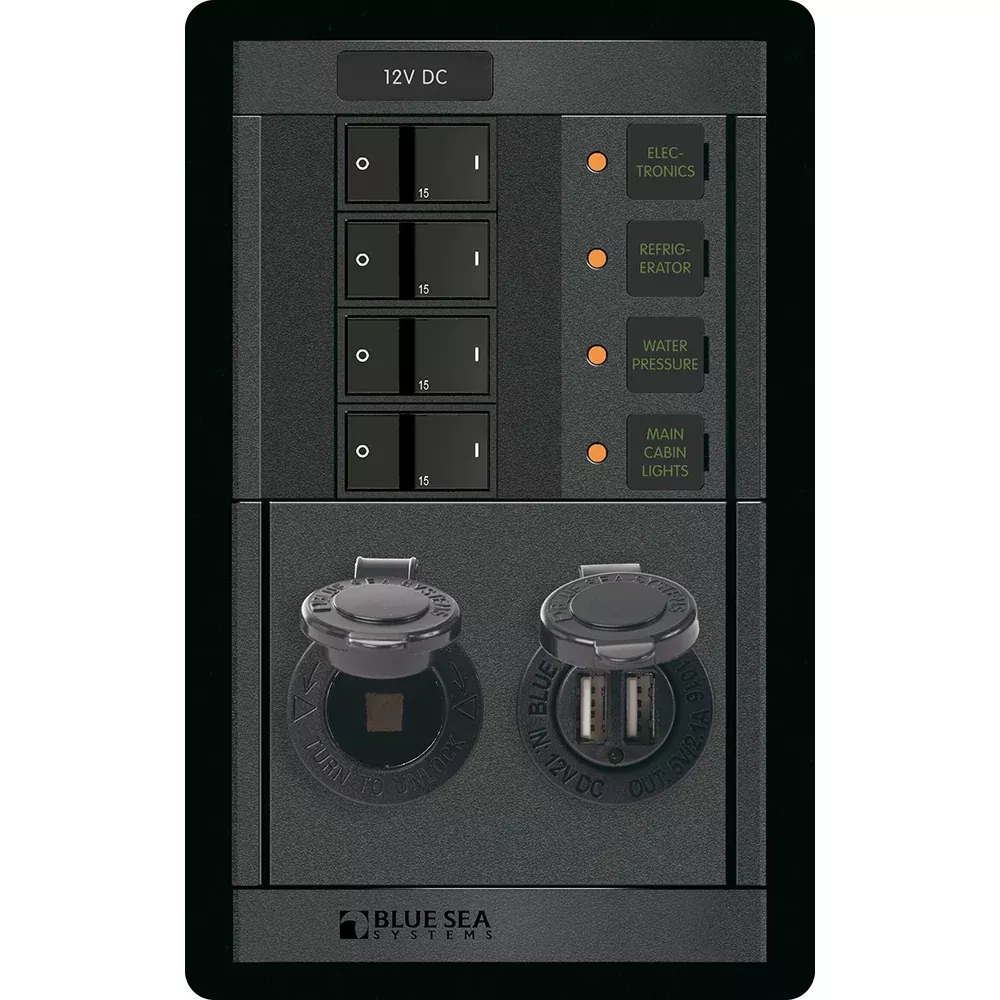 Blue Sea 1495 - 360 Panel - 4 Position 12V w/Dual USB12V Socket