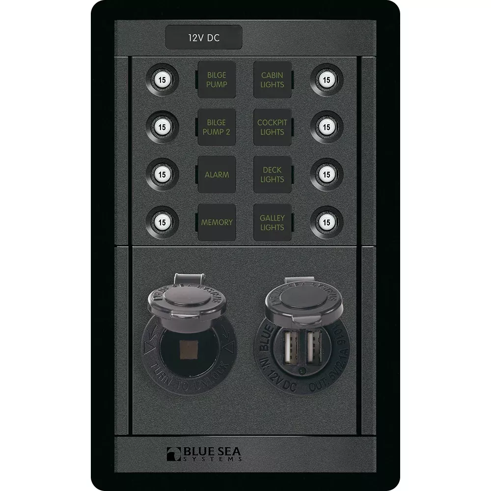 Blue Sea 1498 - 360 Panel - 8 Position 12V Panel w/Dual USB12V Socket