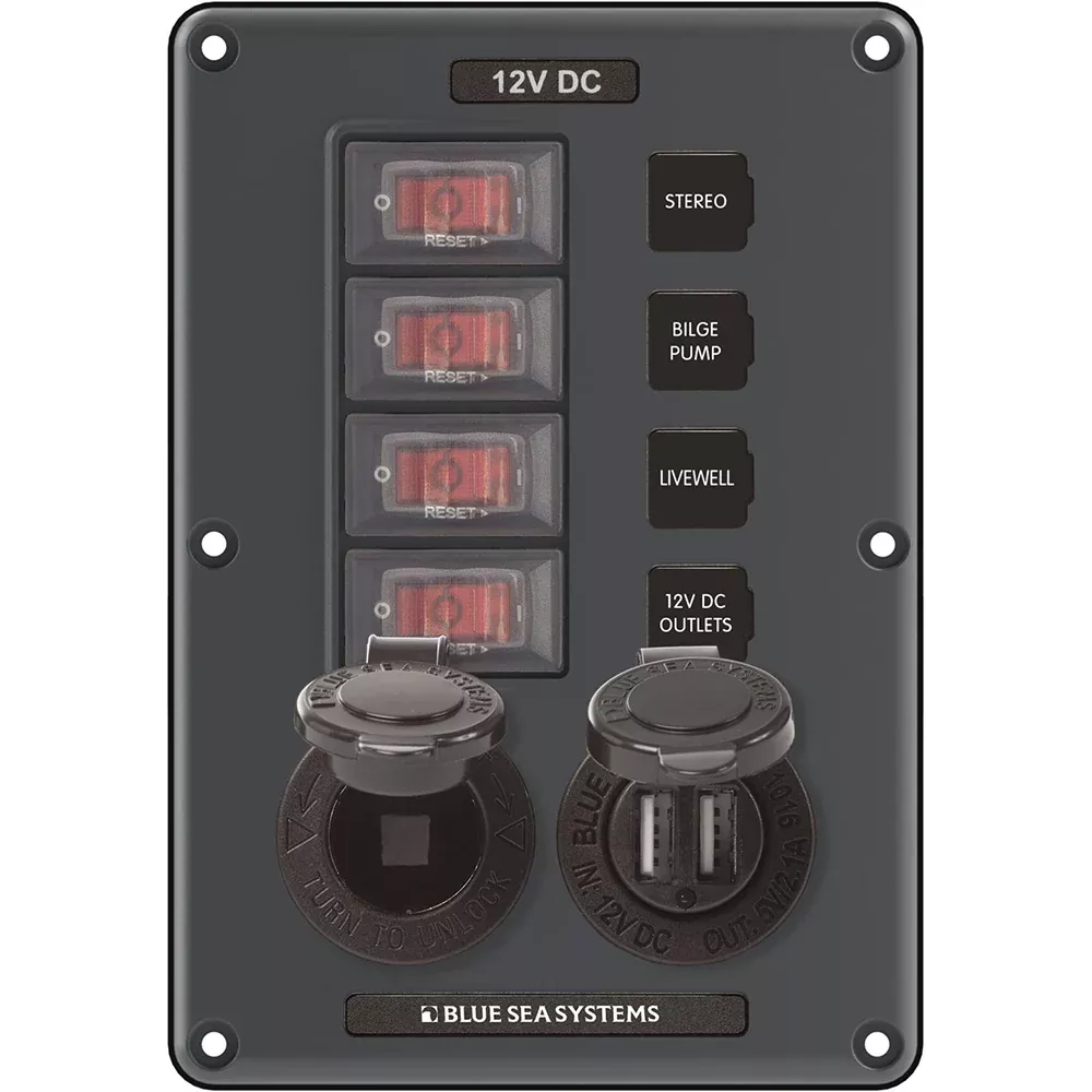 Blue Sea 4321 Circuit Breaker Switch Panel 4 Position - Gray w/12V SocketDual USB